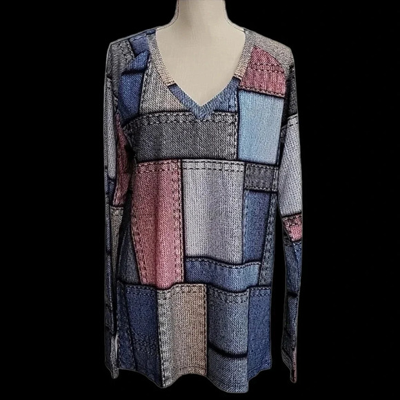 NWT Rasney Color Block Patchwork Print Long Sleeve Top - Picture 1 of 3